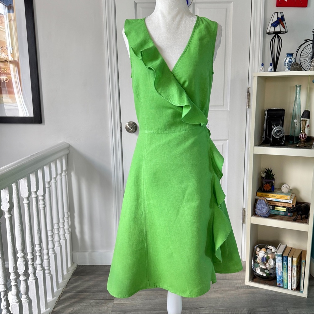 ZARA Linen V Neck Wrap Midi Dress with Ruffle Detail (size S)